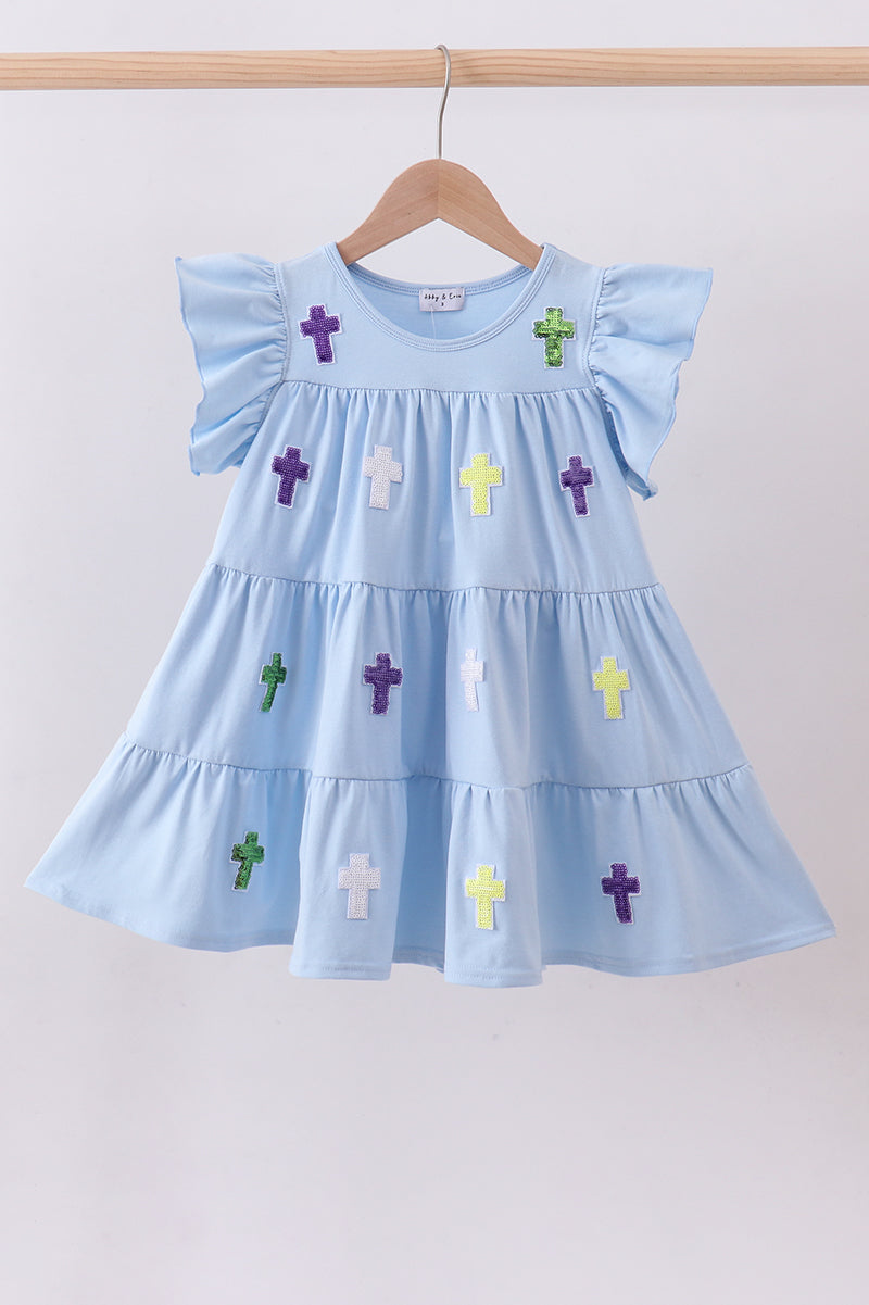 Blue cross sequin tiered dress