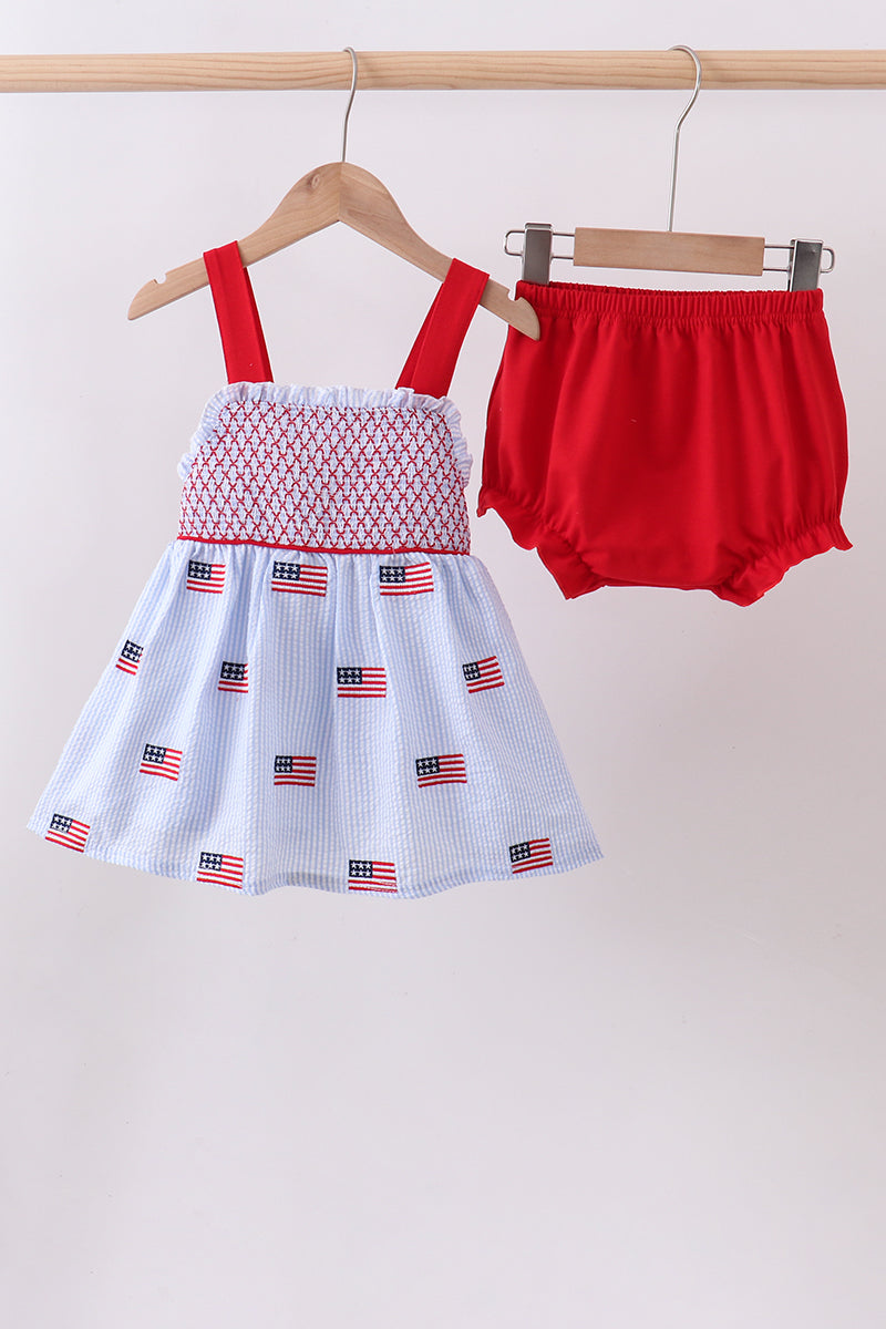 Blue flag embroidery seersucker bloomer set