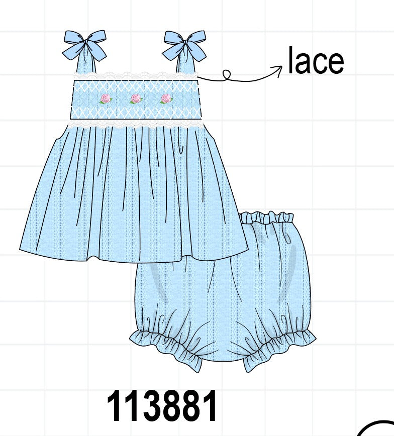 Blue Floral Smocked Lace Bloomer Set
