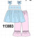 Blue Floral Smocked Lace Ruffle Pants Set