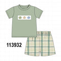 Green Pumpkin Embroidery Plaid Shorts Set