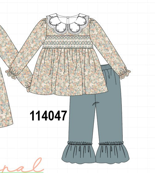 Floral smocked lace ruffle pants set