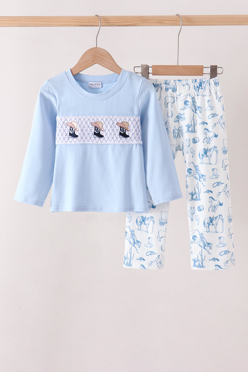 Blue Cowboy Smocked Pants Set