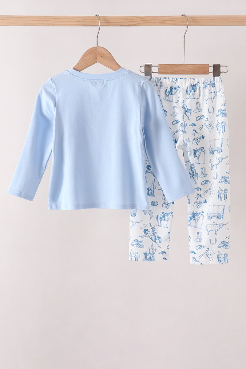 Blue Cowboy Smocked Pants Set