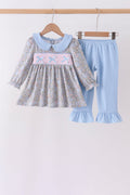 Blue Floral Bow Smocked Ruffle Pants Set