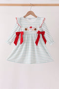 Gray stripe santa french knot ruffle dress