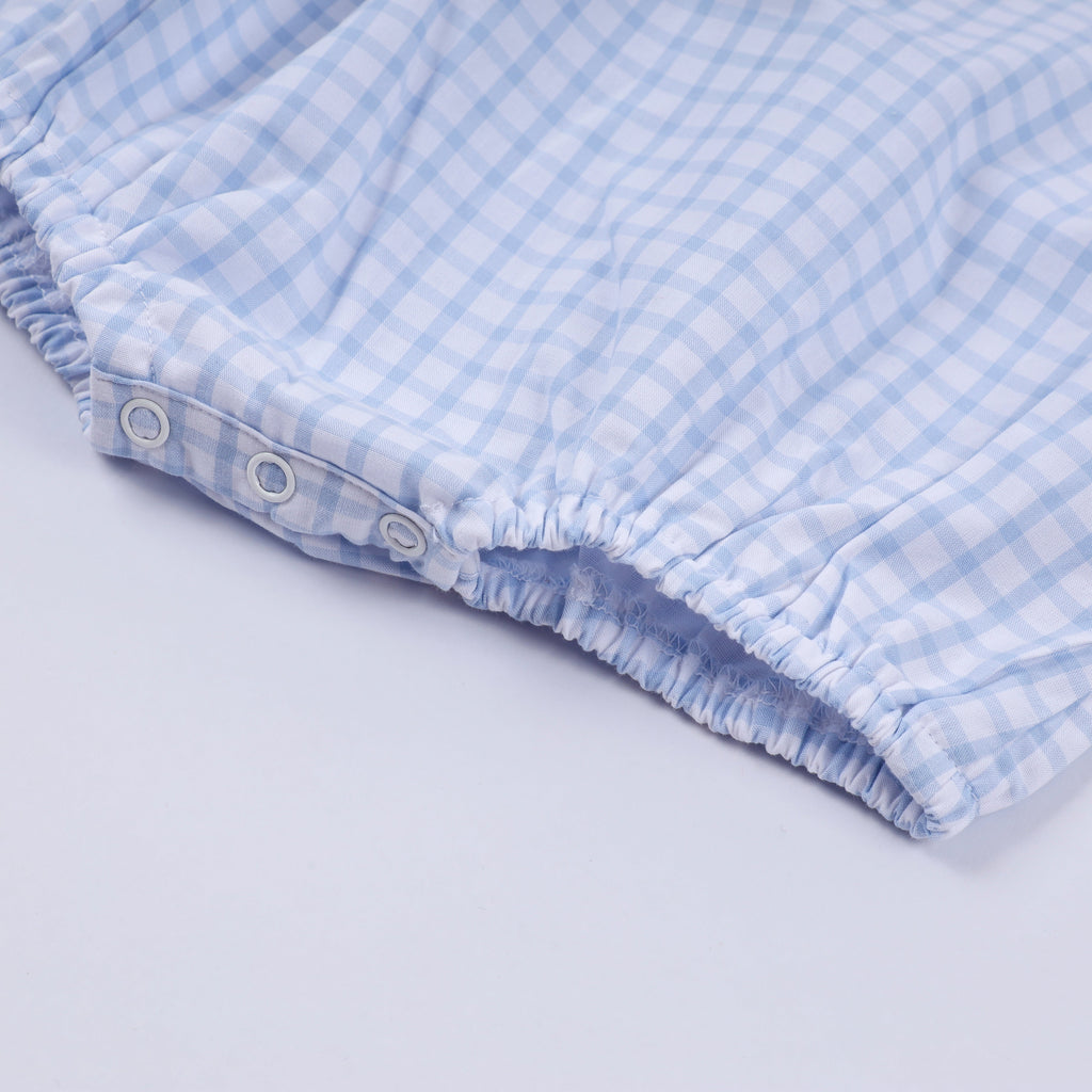 Blue character hand smocked gingham bubble