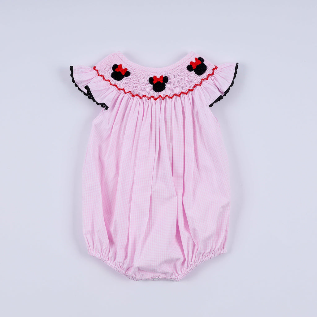 Red character hand smocked plaid ruffle bubble