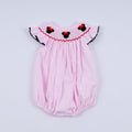 Red character hand smocked plaid ruffle bubble