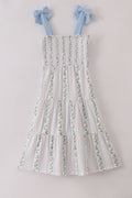 Blue floral print smocked women dress