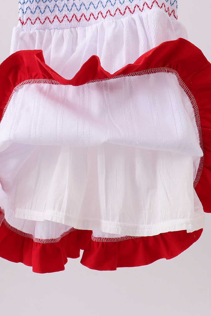 White smocked jacquard ruffle dress