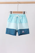 Blue stripe sailboat embroidery swim trunks