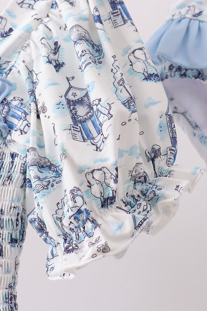 Blue Beach Smocked UPF Women Swim Set
