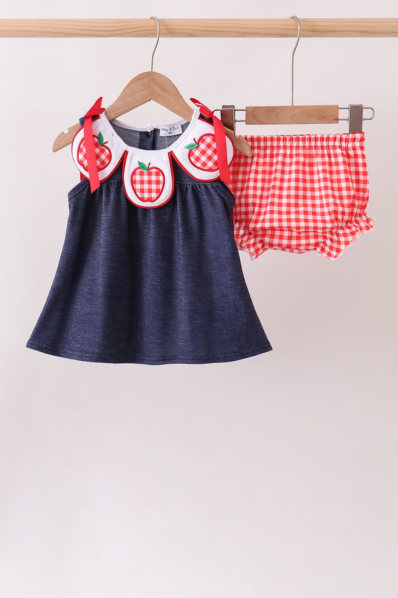 Navy Apple Applique Denim Bloomer Set