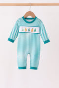 Green Christmas Tree Embroidery Stripe Romper