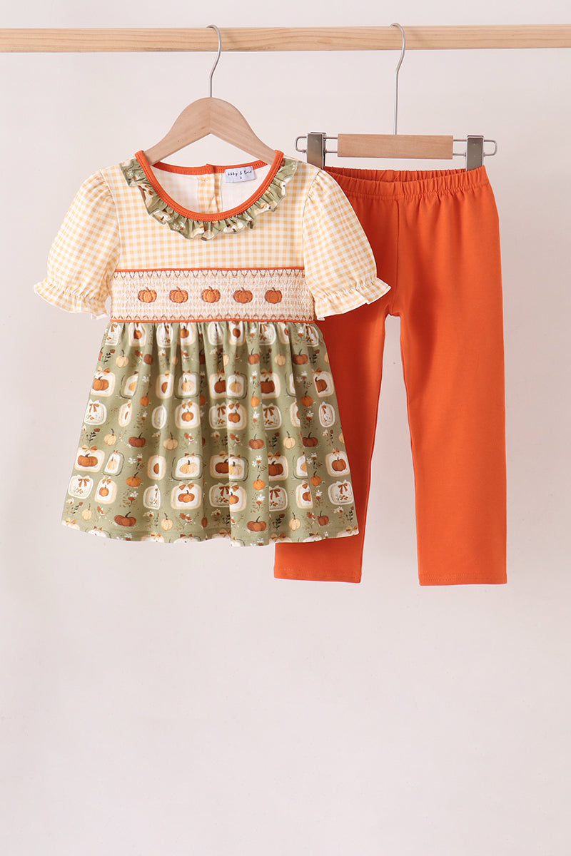 Vintage pumpkin smocked ruffle pants set