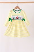 Green Farm Cow Embroidery Stripe  Dress