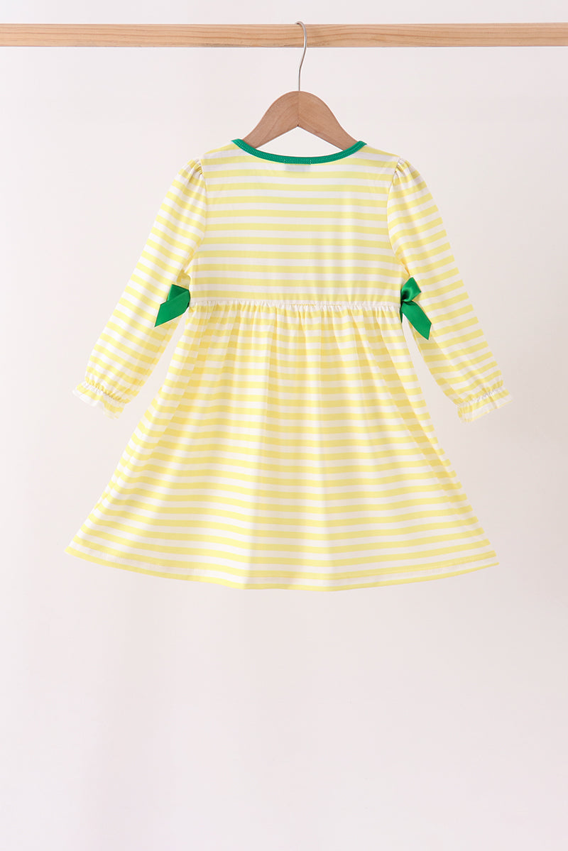 Green Farm Cow Embroidery Stripe  Dress