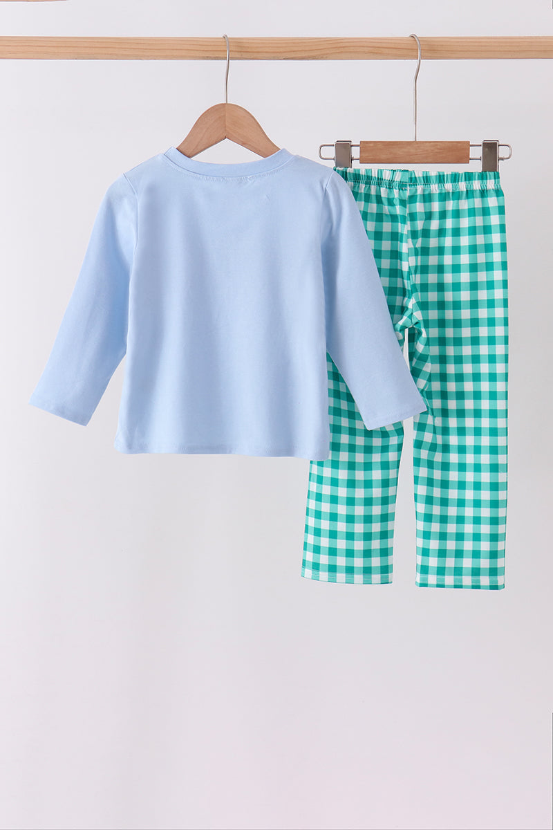 Green Christmas Tree Embroidery Gingham Pants Set