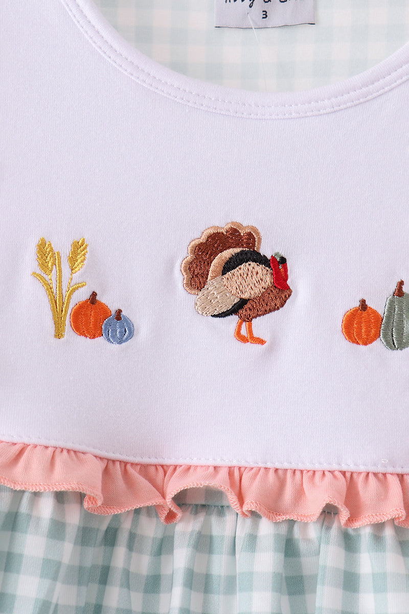 Sage Turkey Embroidery Gingham Ruffle Dress