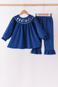 Blue Nativity corduroy Embroidery Ruffle Pants Set