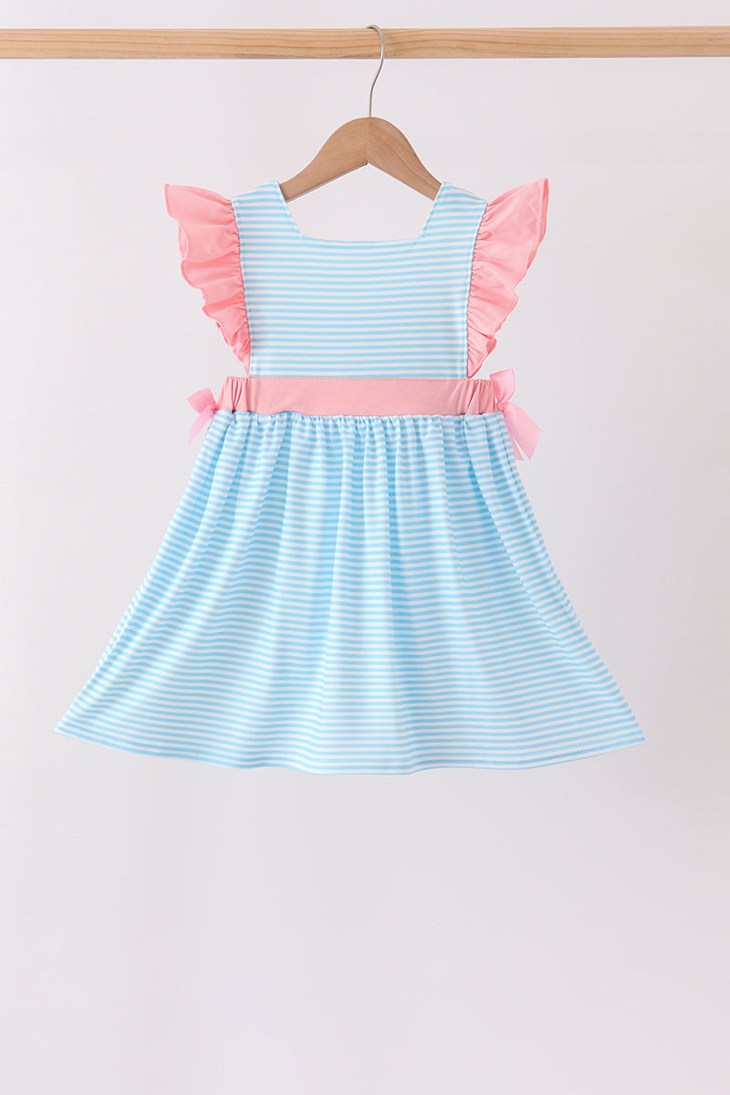 Blue Stripe Princess Embroidery Ruffle Dress