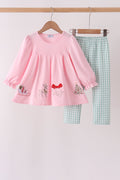 Pink Christmas Embroidery Pants Set