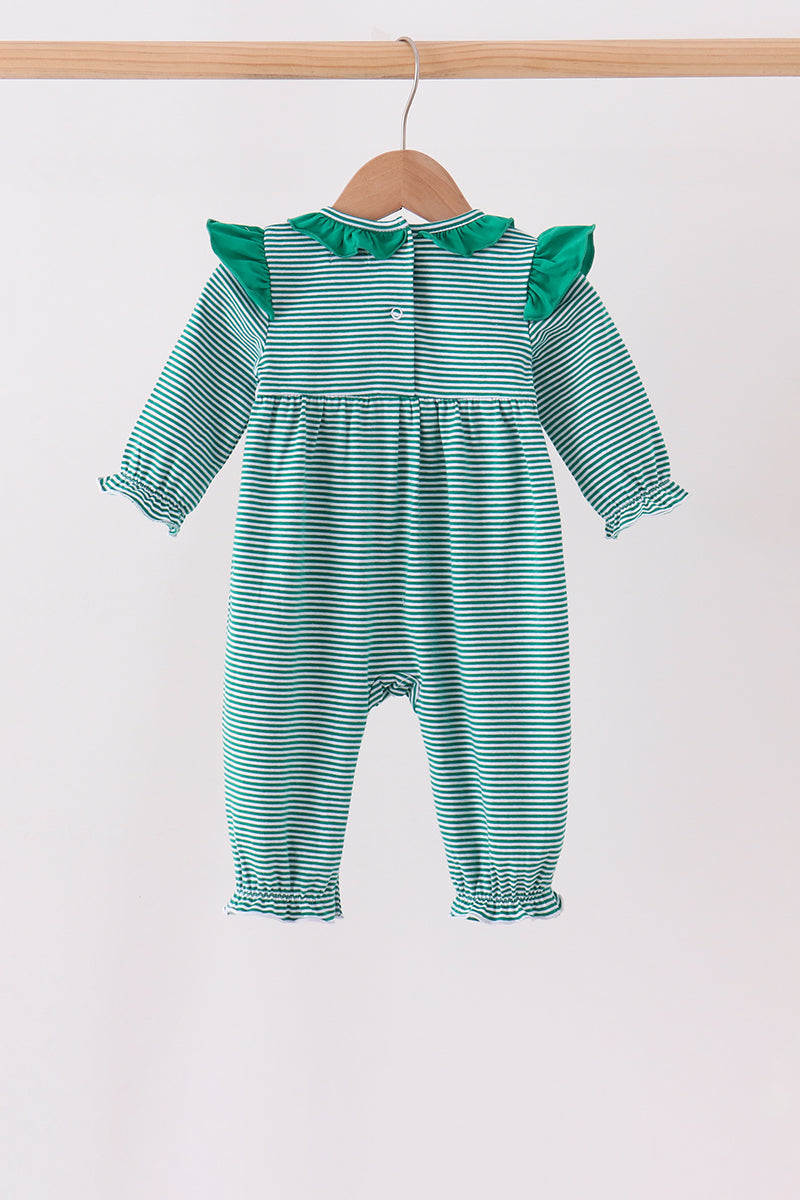 Green gingerbread embroidery stripe ruffle romper