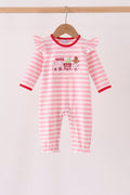 Pink gingerbread embroidery stripe ruffle romper